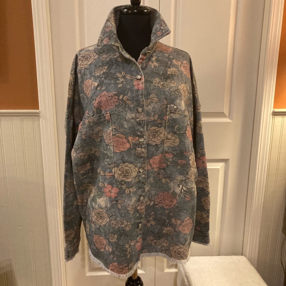 POL Floral Jean Jacket - Blue and Pink